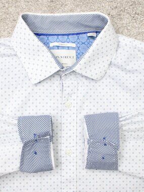 Construct Shirt Mens 17 1/2, 34/35 White/Blue Geometric Stretch Slim Fit L/S